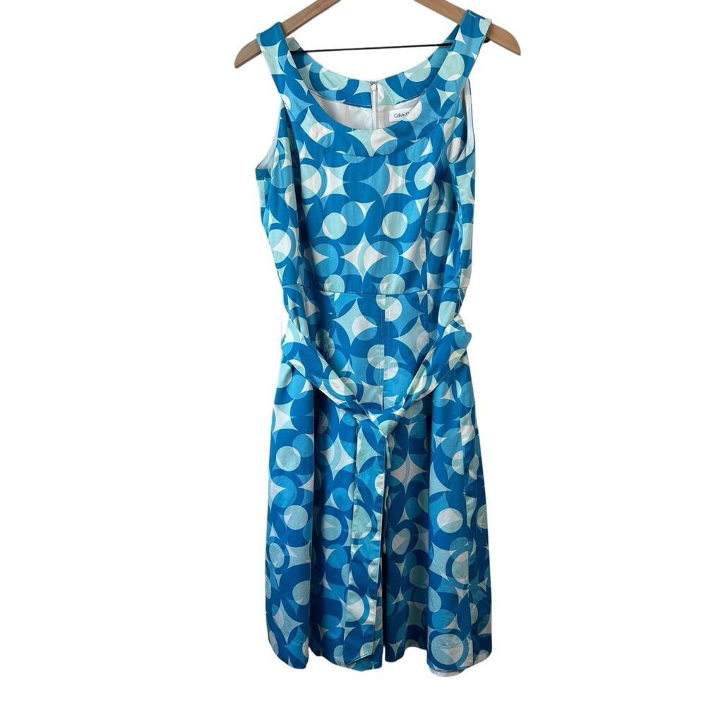 Calvin Klein Women Dress 10 Blue Sleeveless Geometric Circles Fit And Flare Belt